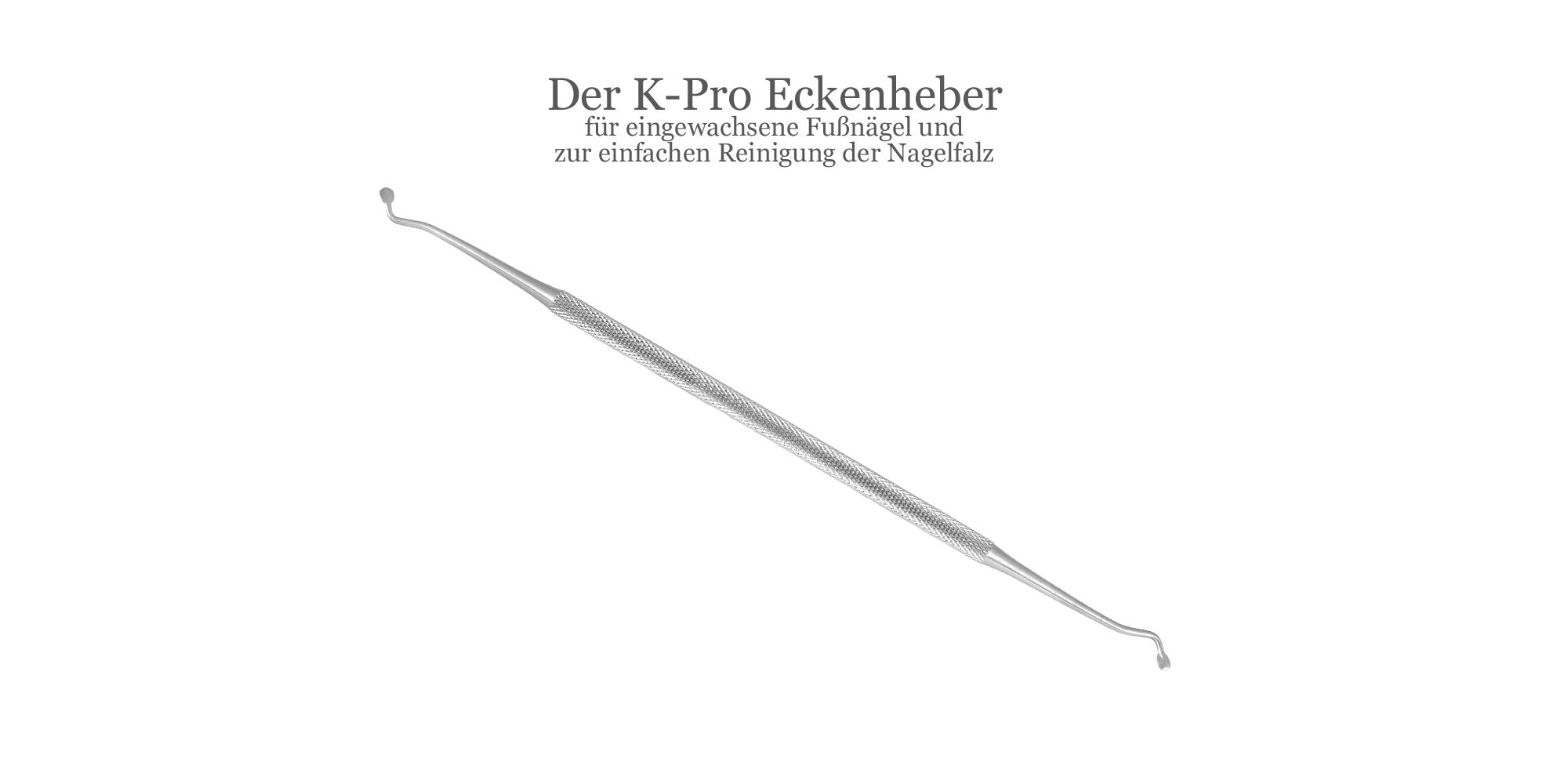 K-Pro Eckenheber, roestvrij staal. Dubbelzijdig instrument met gebogen uiteinden. Tekst: "Der K-Pro Eckenheber".