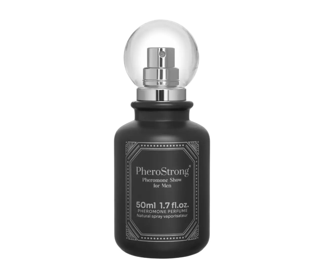 Schwarze Flasche mit Zerstäuber und Kugelverschluss. Aufschrift: PheroStrong Pheromone Show for Men. 50ml 1.7 fl.oz.