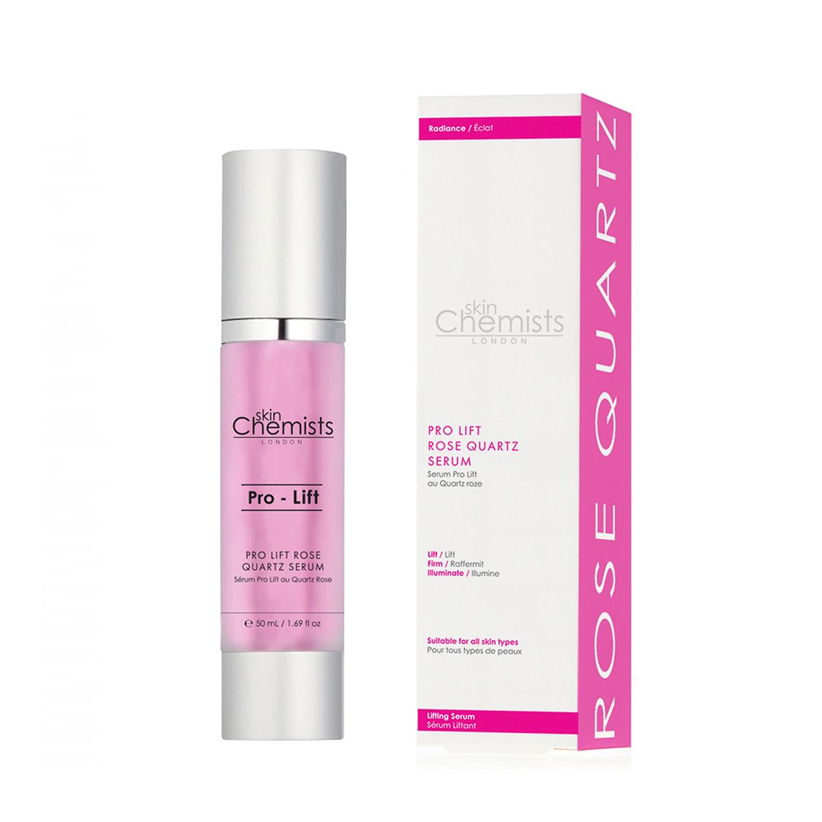 Rosa Serumflasche und Verpackung. Text: SkinChemists, Pro-Lift, Pro Lift Rose Quartz Serum. Geeignet für alle Hauttypen.