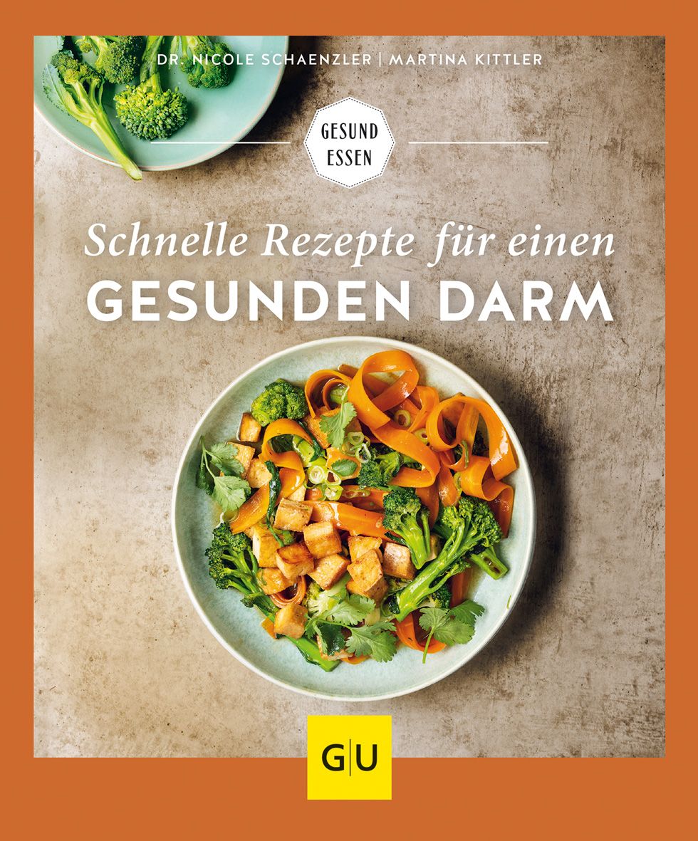 Buchcover mit Titel: Schnelle Rezepte für einen gesunden Darm. Autoren: Dr. Nicole Schaenzler, Martina Kittler. Logo: GU. Abgebildet: Essen auf Tellern.