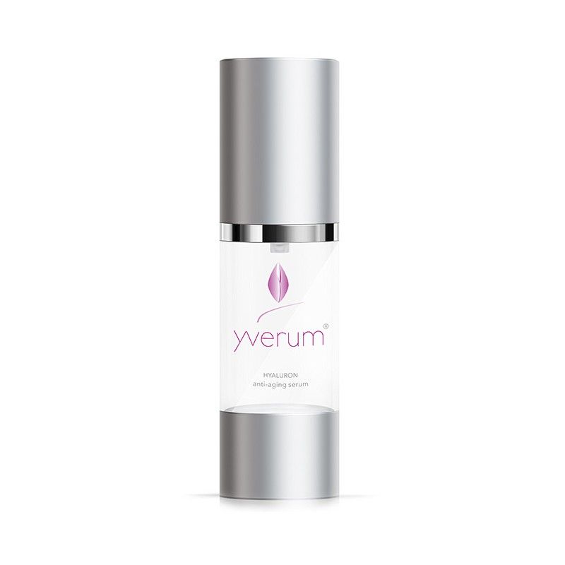 Transparente Flasche mit silbernem Deckel. Aufschrift: yverum, Hyaluron anti-aging serum.