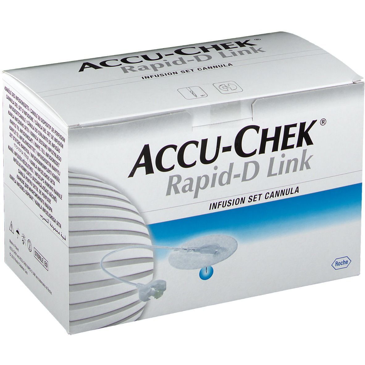 Verpackung von ACCU-CHEK Rapid-D Link. Weißer Karton mit Produktnamen und Abbildung. Roche-Logo.