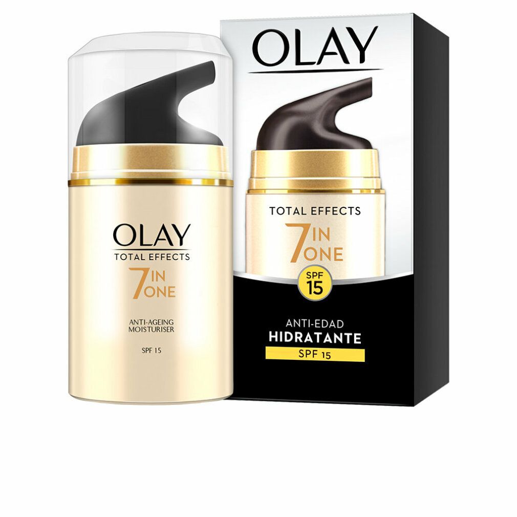 Creme-Spender mit Verpackung. Olay Total Effects 7 in One, Anti-Ageing Moisturiser, SPF 15. Goldfarbener Spender, schwarzer Deckel, weiße Schrift.