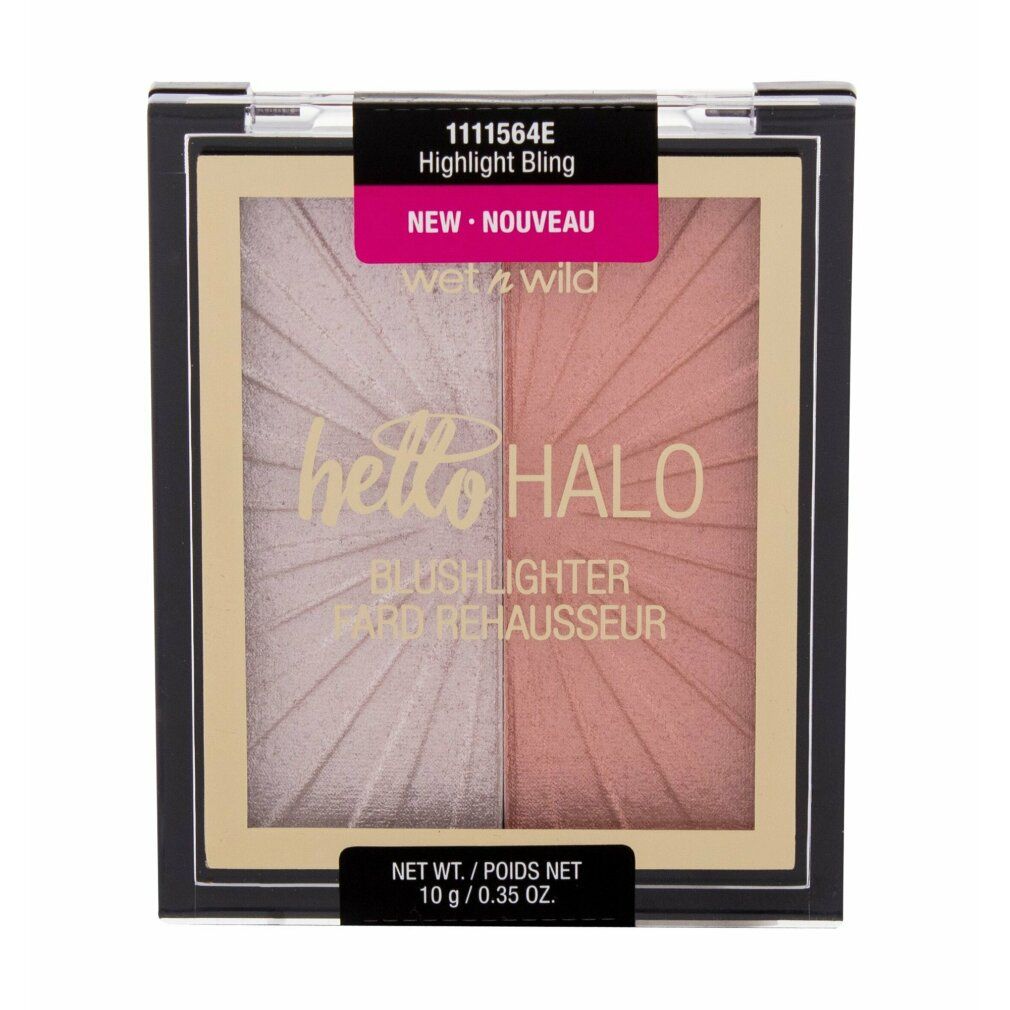 Blushlighter-Palette in Verpackung. Aufschrift "hello HALO" und "BLUSHLIGHTER FARD REHAUSSEUR". "NEW" und "10 g / 0.35 oz" sichtbar.