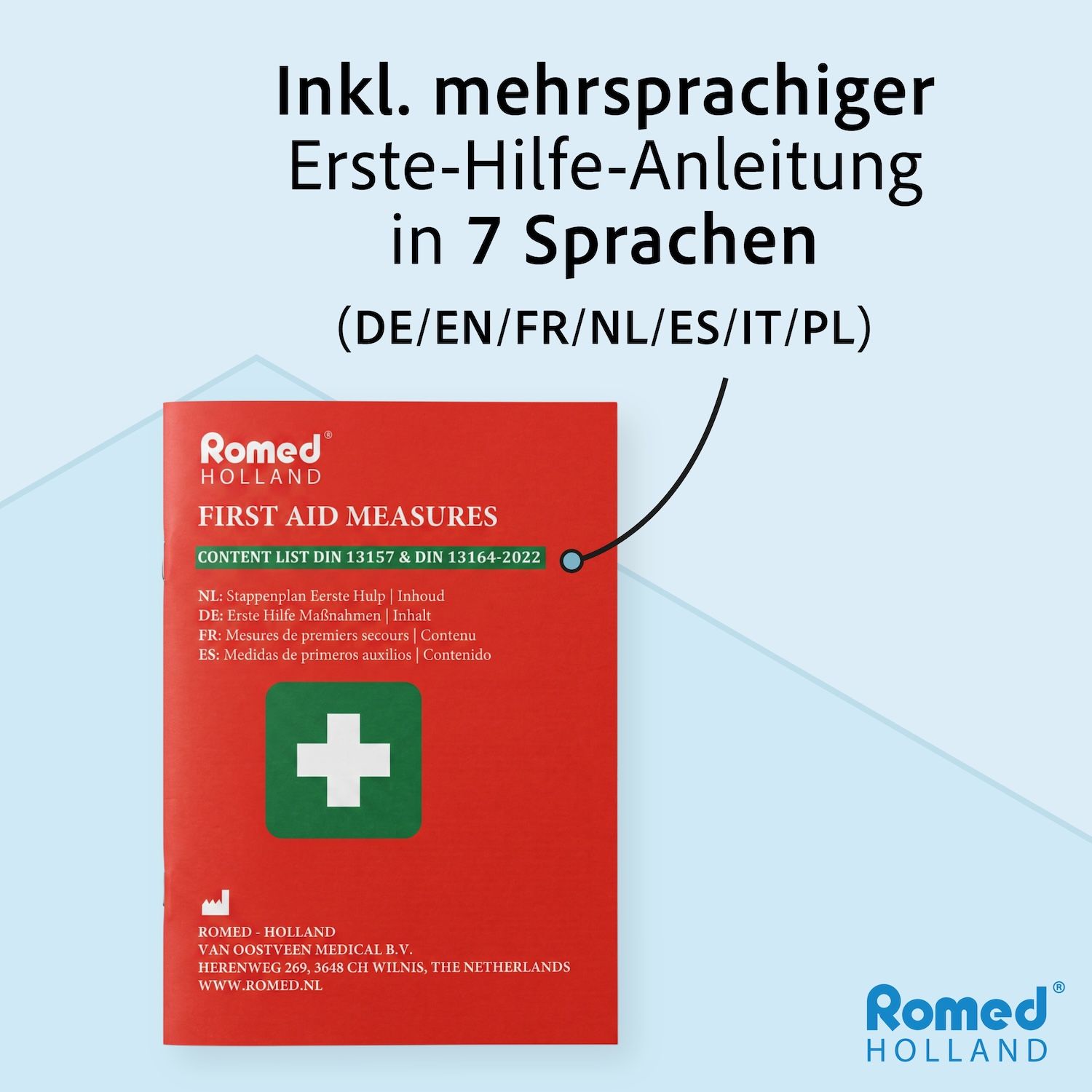 Romed Erste Hilfe Anleitung in 7 Sprachen (DE/EN/FR/NL/ES/IT/PL) als Teil des Nachfüllsets.