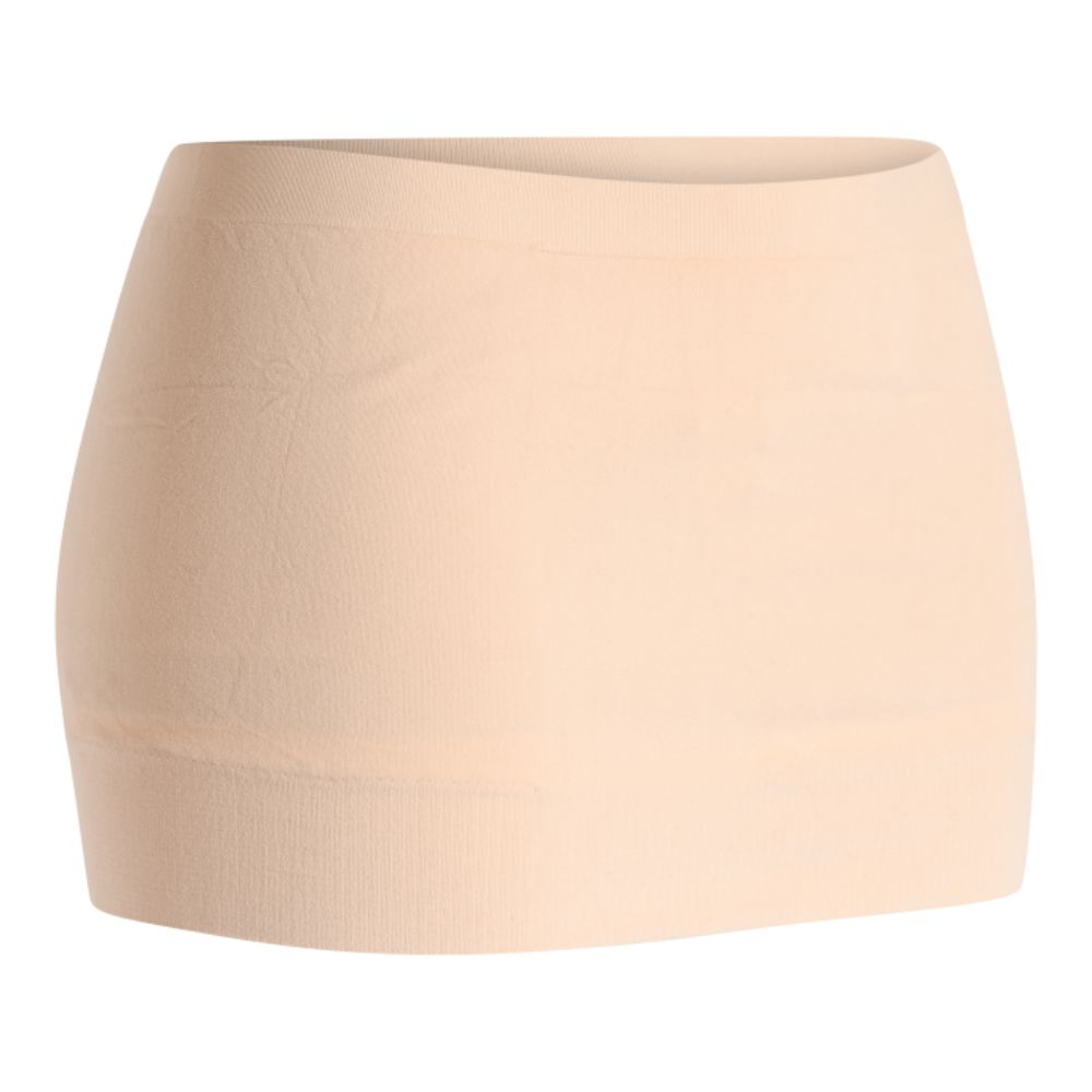 Beigefarbene Bauchbinde. Elastisches Material, zylindrische Form. Naht am unteren Rand.