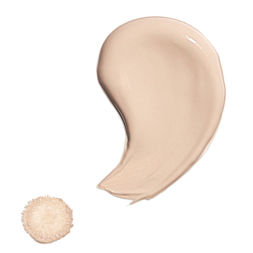 Beige Concealer-Swatches. Ein großer Swatch und ein kleinerer, runder Swatch. Auf weißem Hintergrund.