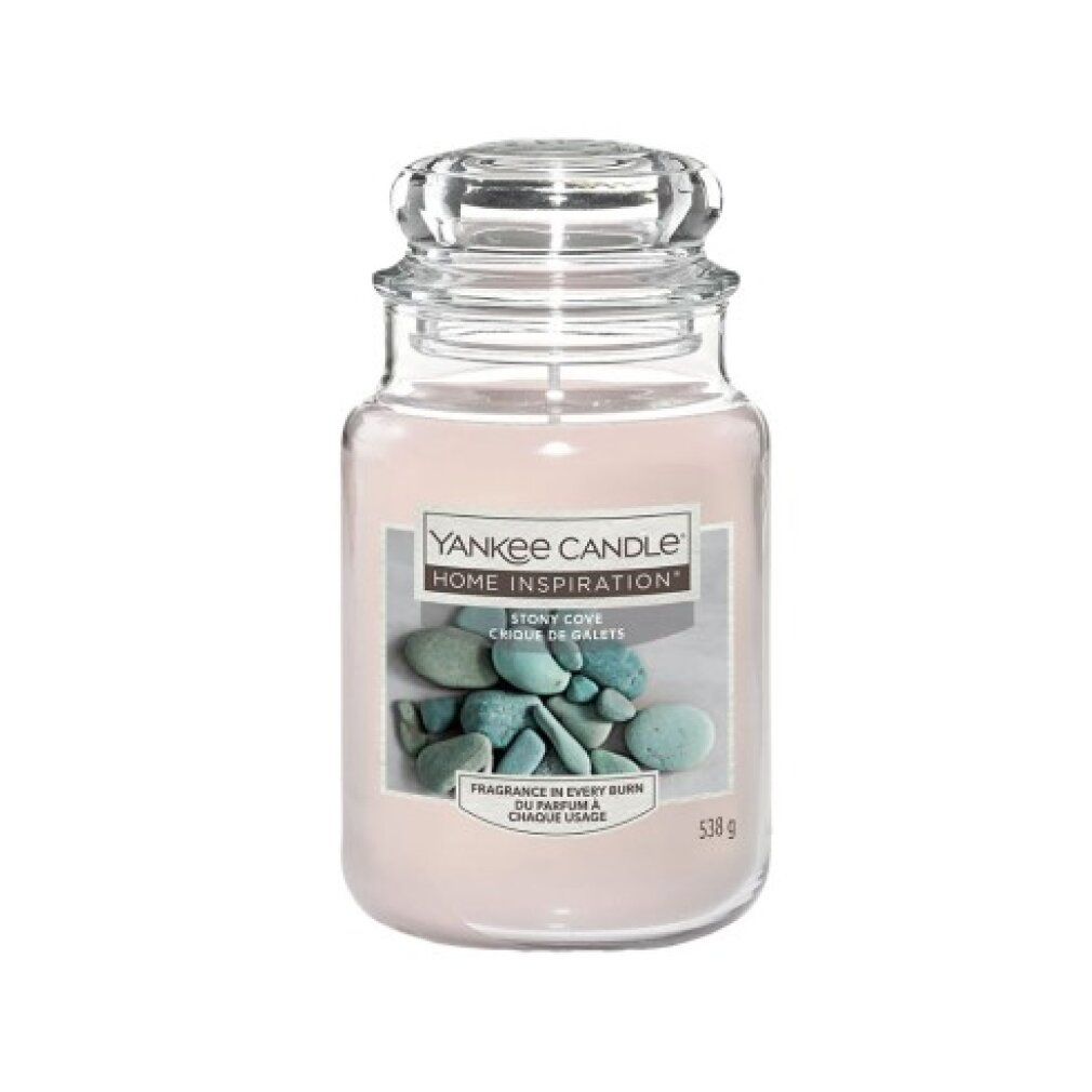 Große Duftkerze im Glas mit Deckel. Aufkleber mit "Yankee Candle Home Inspiration". Motiv: Steine. Gewicht: 538g.