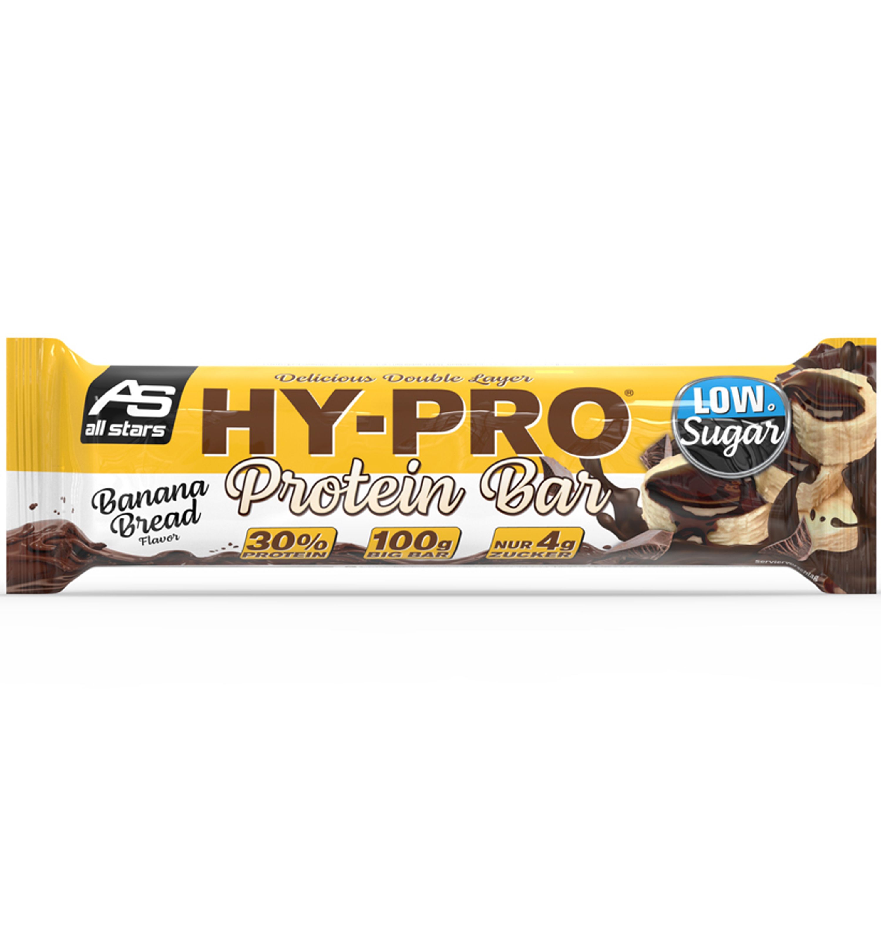 Proteinriegel mit Aufschrift HY-PRO Protein Bar. Gelbe Verpackung mit braunen und weißen Elementen. Aufdrucke: Banana Bread, 30% Protein, Low Sugar.