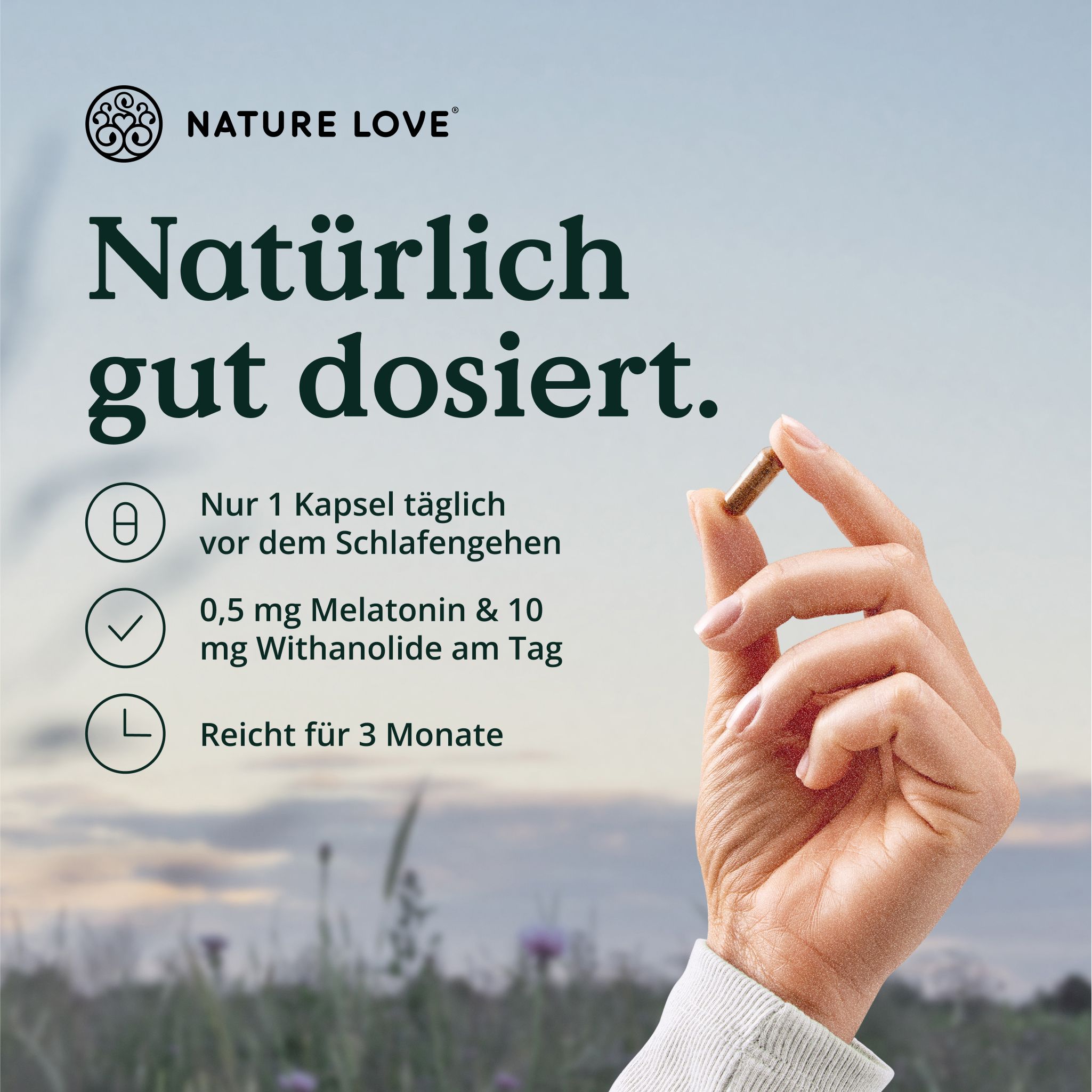 NATURE LOVE® Nacht - 90 Stk - natürliches Melatonin, Ashwagandha, Baldrian - 0,5mg Melatonin/Kapsel