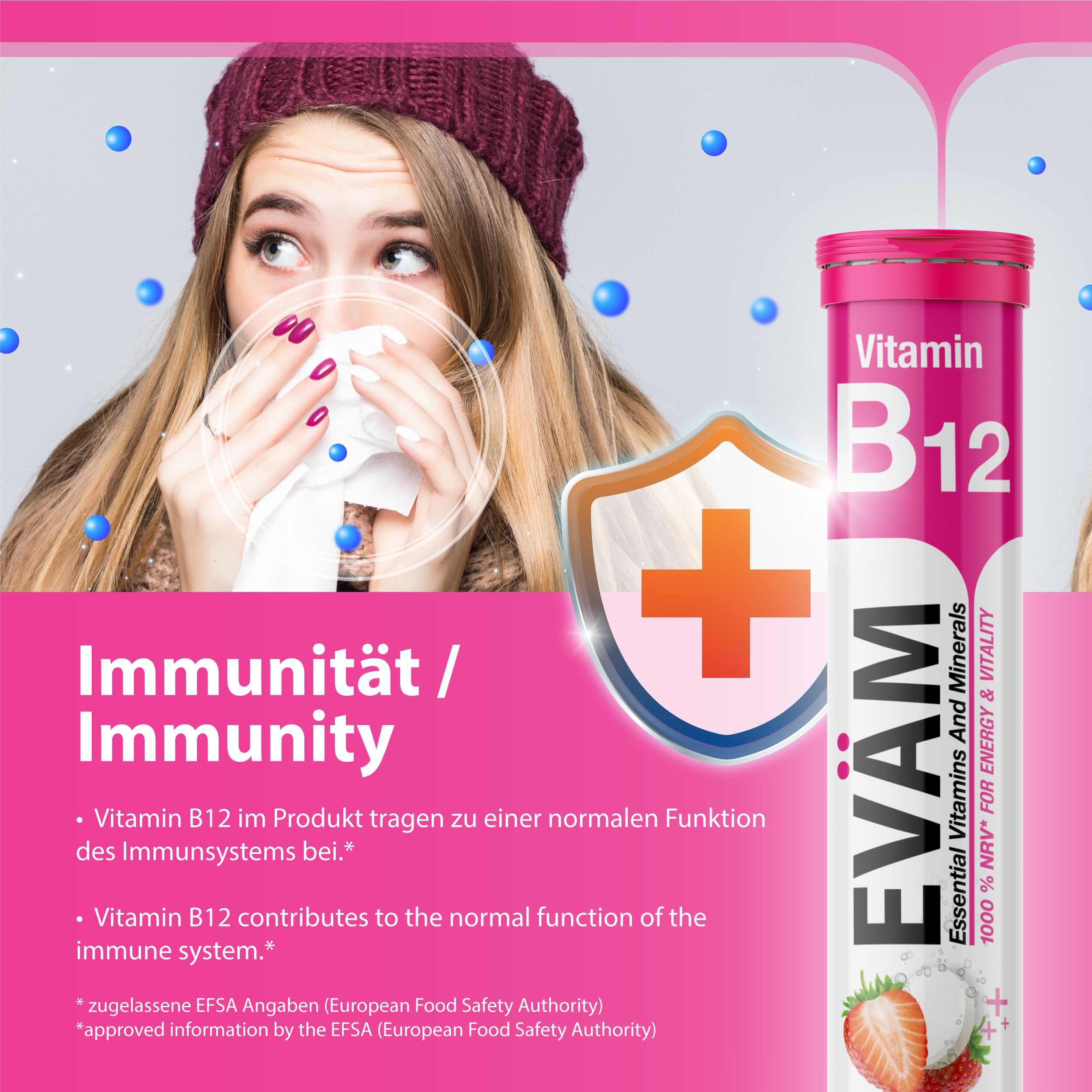 Frau mit Schnupfen, neben Produktabbildung EVÄM Vitamin B12. Rosa Hintergrund mit Informationen zur Unterstützung des Immunsystems.
