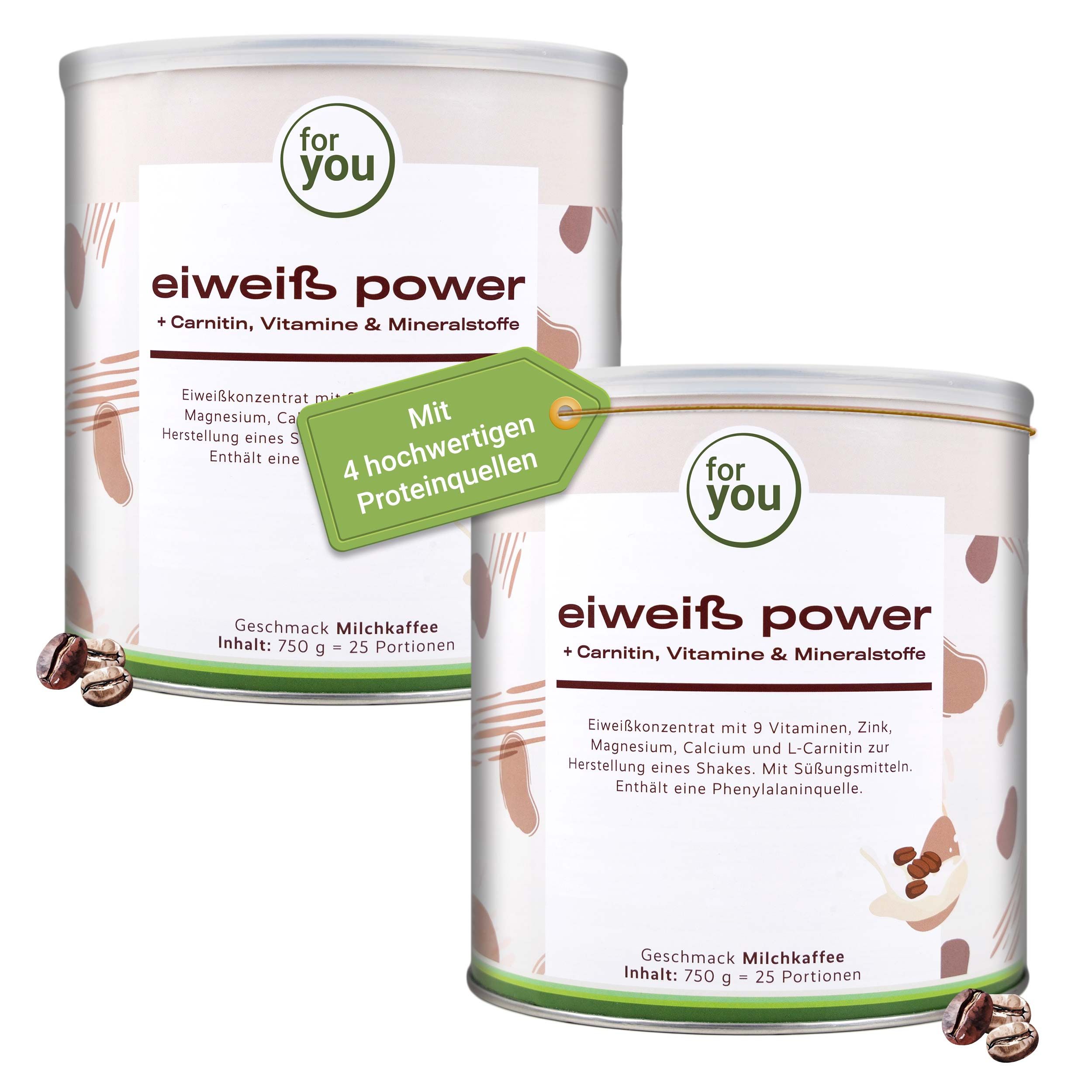 Zwei Dosen "Eiweiß Power" Milchkaffee-Geschmack, 750g.