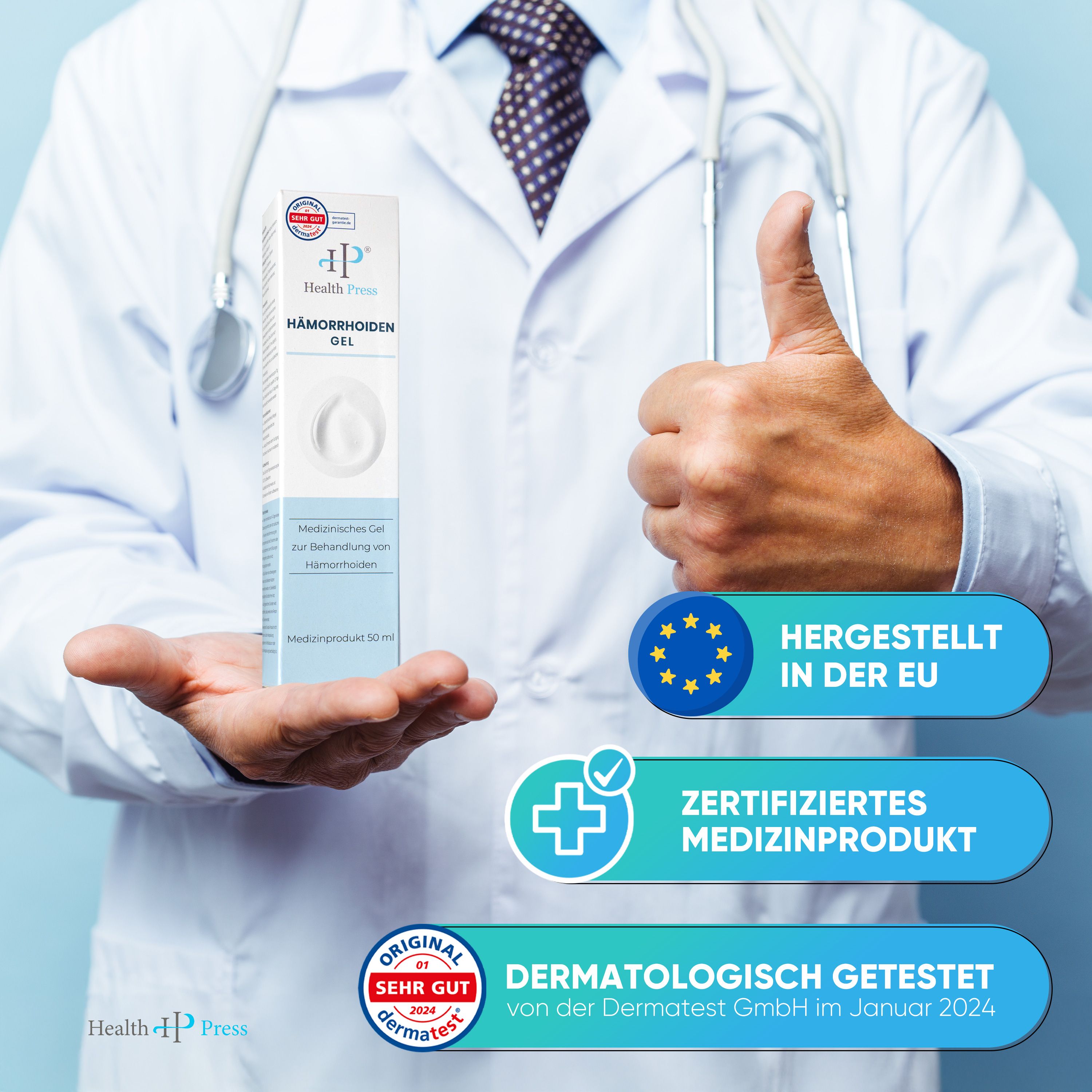 Health Press® Hämorrhoiden Gel, Verpackung in Hand. Arzt zeigt Daumen hoch. Text: Hergestellt in der EU, zertifiziertes Medizinprodukt, dermatologisch getestet.