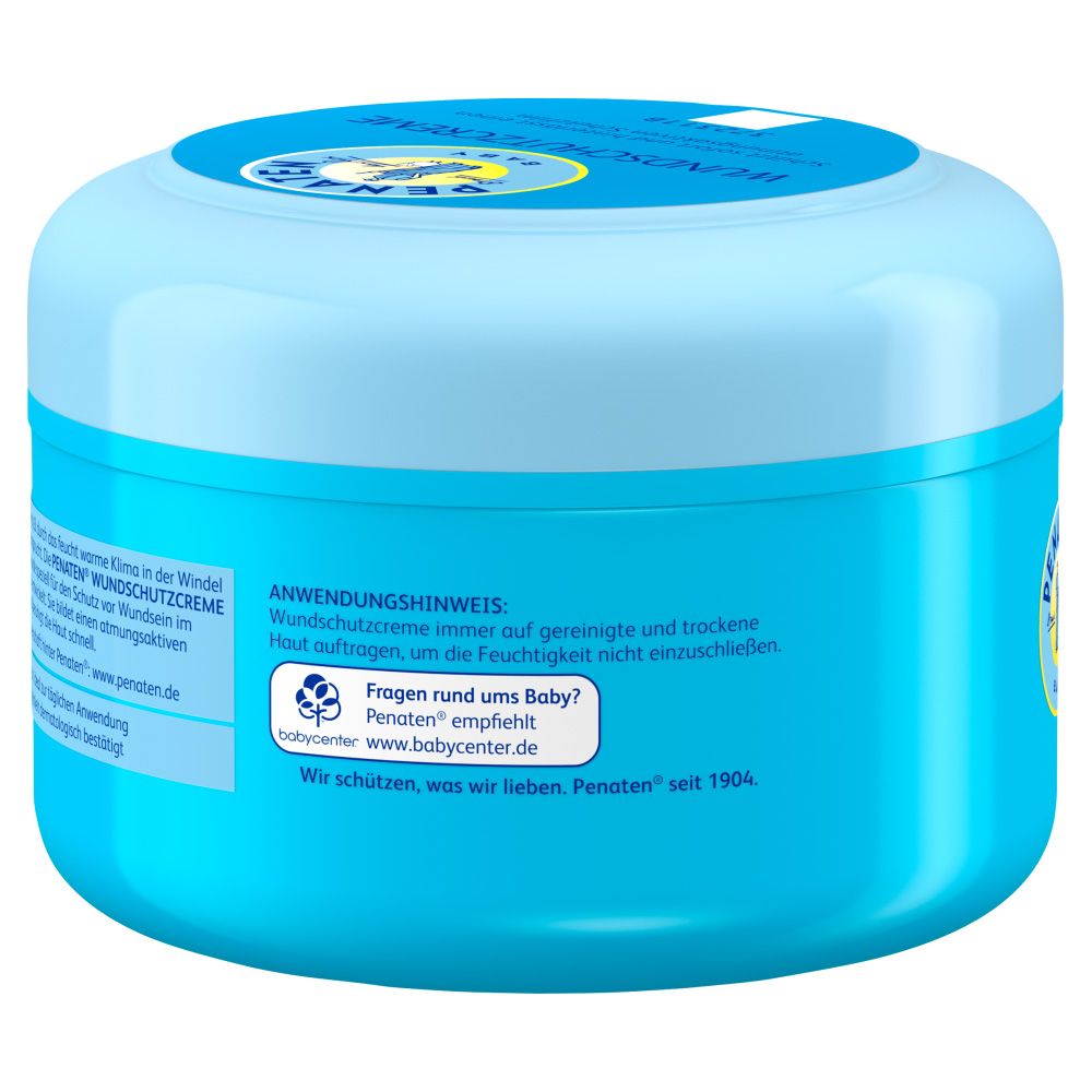 Rückseite eines hellblauen Tiegels. Text: Anwendungshinweis, Babycenter. Logo: Penaten. Text: Wir schützen, was wir lieben. Penaten seit 1904.