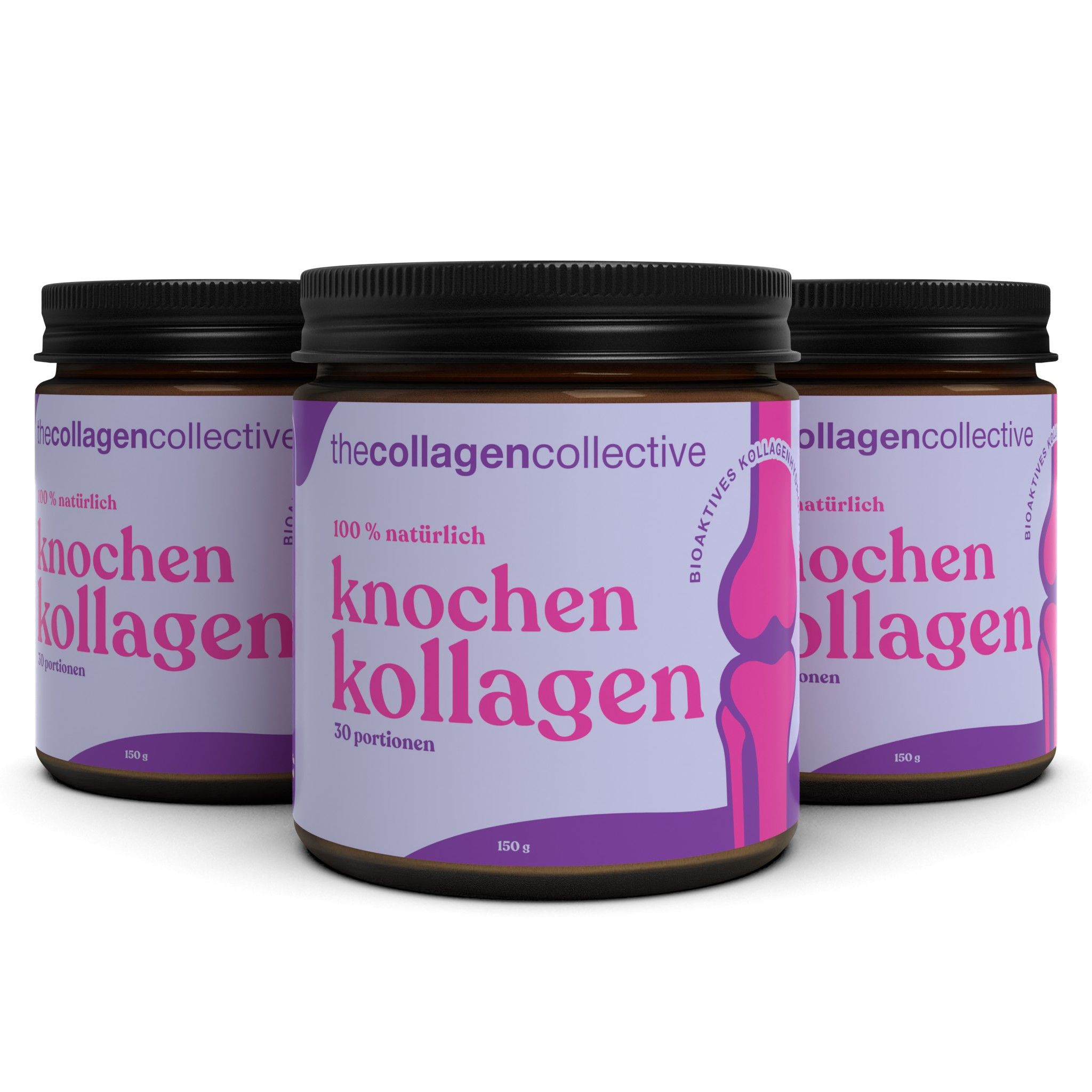 Drei braune Gläser mit schwarzem Deckel. Aufschrift: Knochen Kollagen, 100% natürlich, 30 Portionen. Marke: thecollagencollective.