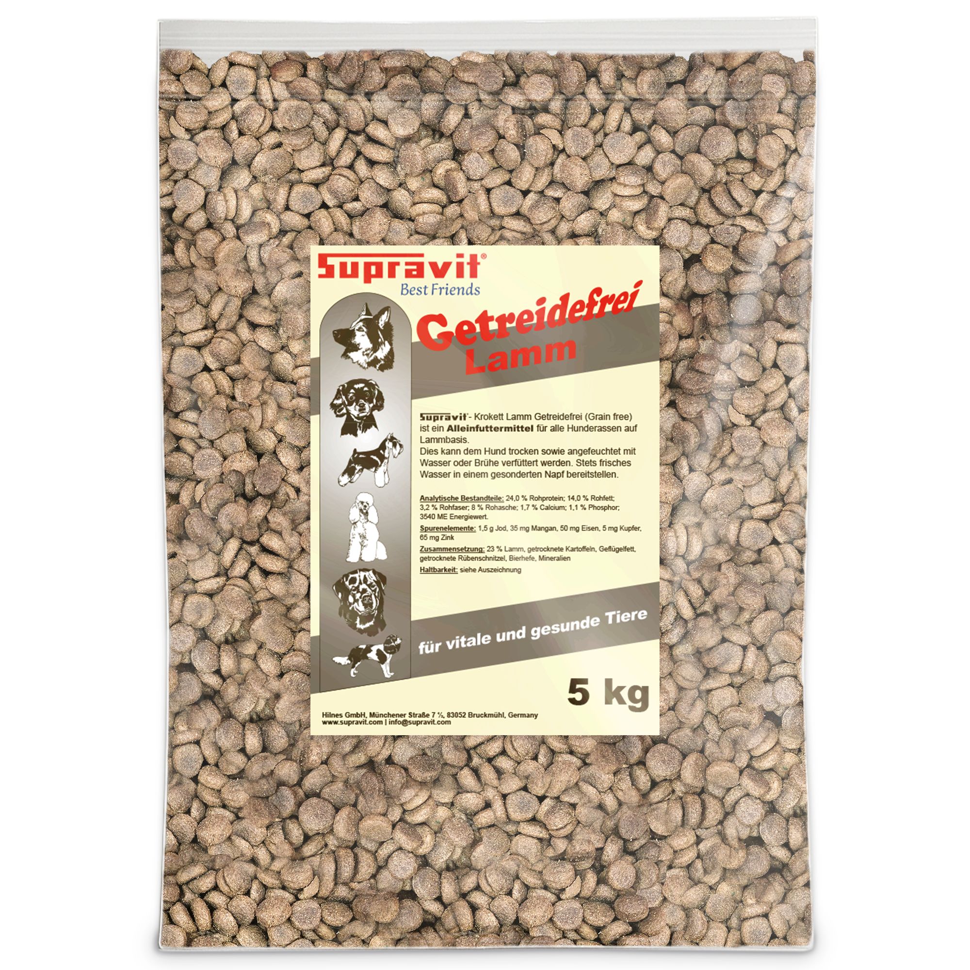 Transparente Verpackung mit Hundefutter. Aufschrift: Getreidefrei Lamm. 5 kg. Logo Supravit Best Friends.