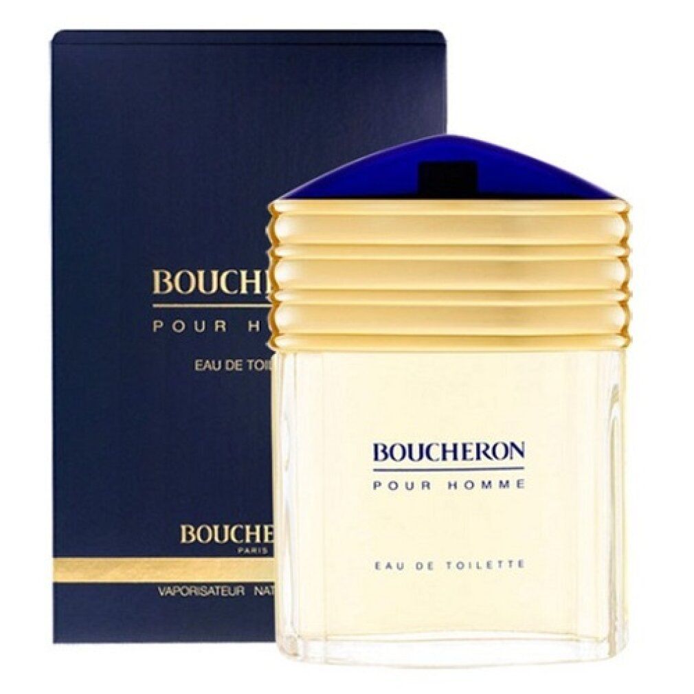 Boucheron Pour Homme Eau de Toilette Spray. Flakon und Verpackung. Blau-goldene Kappe. Rechteckiger Flakon mit Schriftzug.