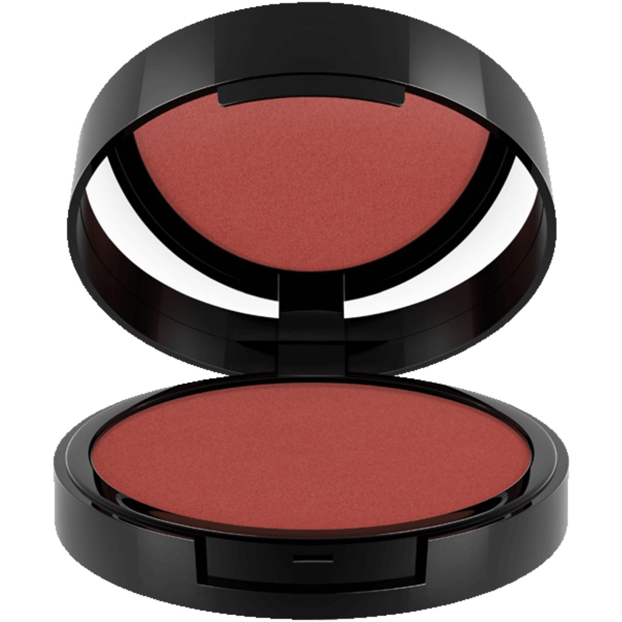Offener, schwarzer IsaDora Cream Blush-Behälter. Innen: Rouge in Korallenrot. Deckel mit Spiegel. Unterteil mit Rouge.