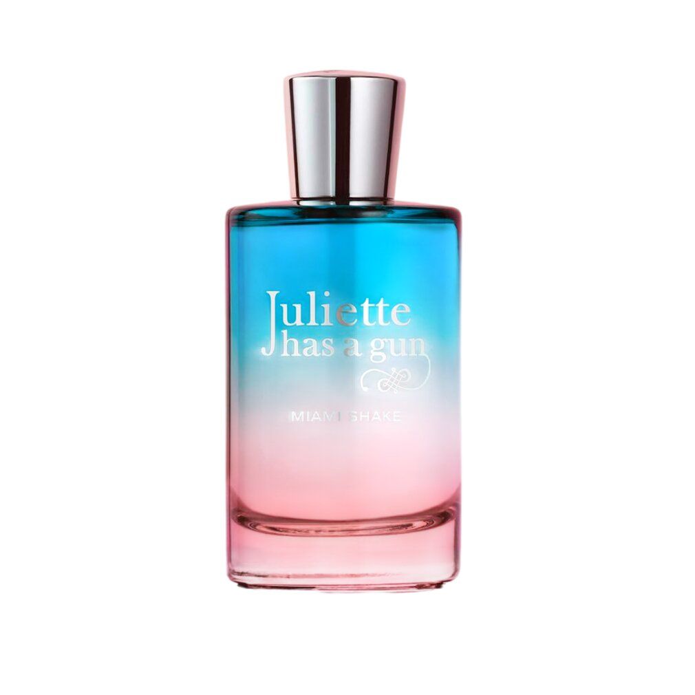 Juliette Has A Gun Miami Shake Eau de Parfum Flakon mit silbernem Verschluss. Farbverlauf von Blau zu Rosa.