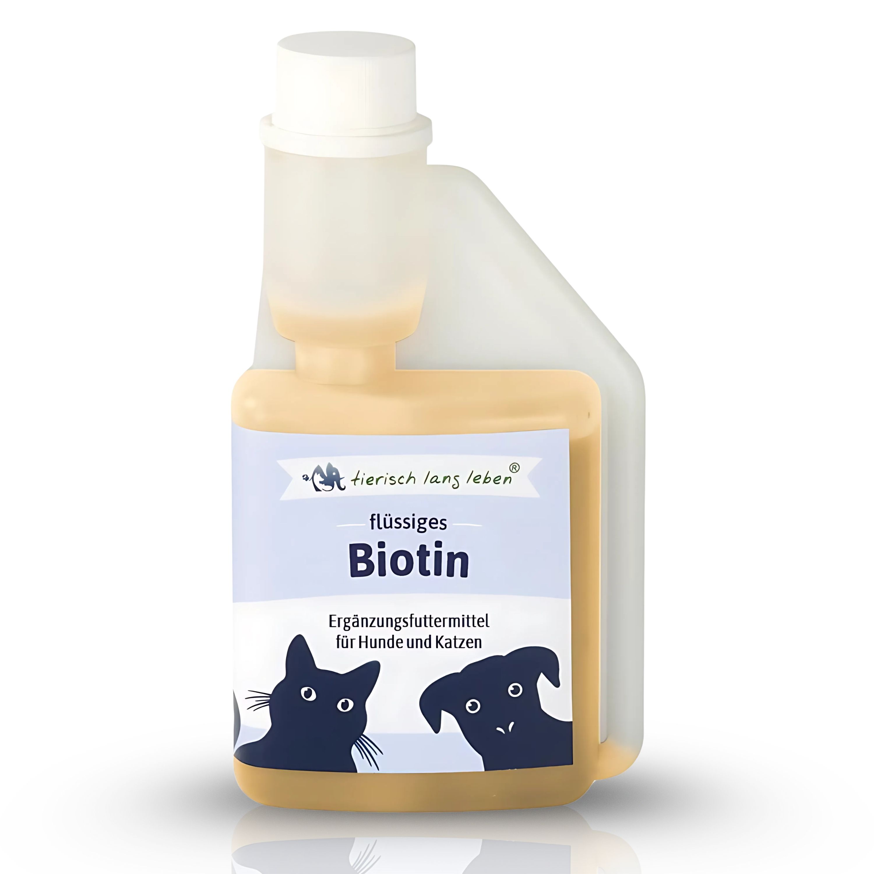 Flüssiges Biotin-Ergänzungsfuttermittel für Hunde und Katzen. Flasche mit Etikett, Katze- und Hund-Illustrationen.