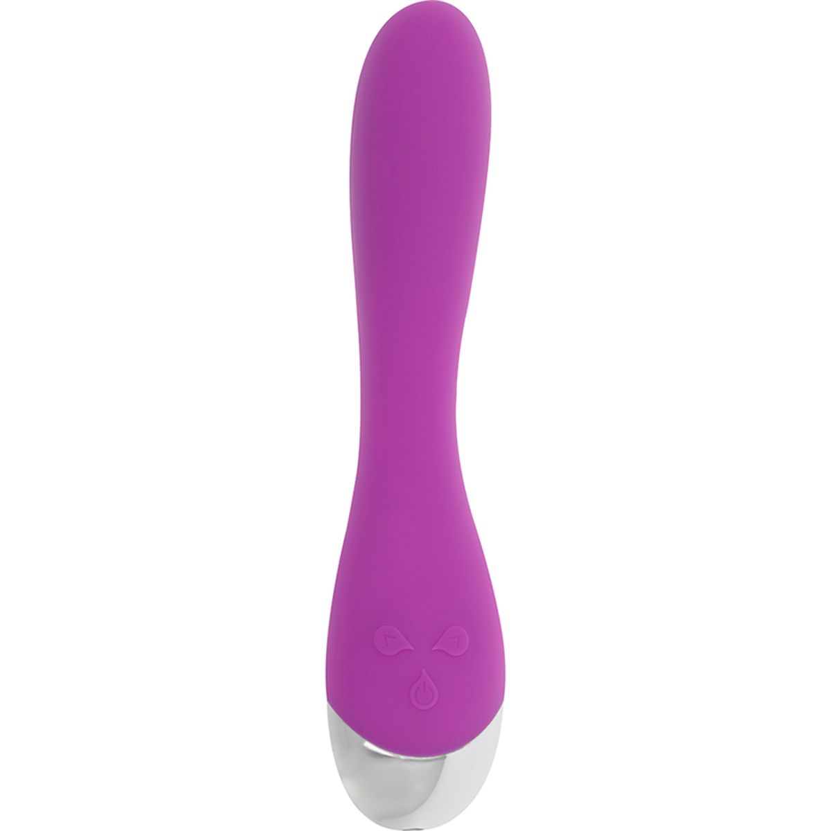 Lila Vibrator mit silberfarbener Spitze. Tropfenförmige Bedienknöpfe. Wellness-Produkt.