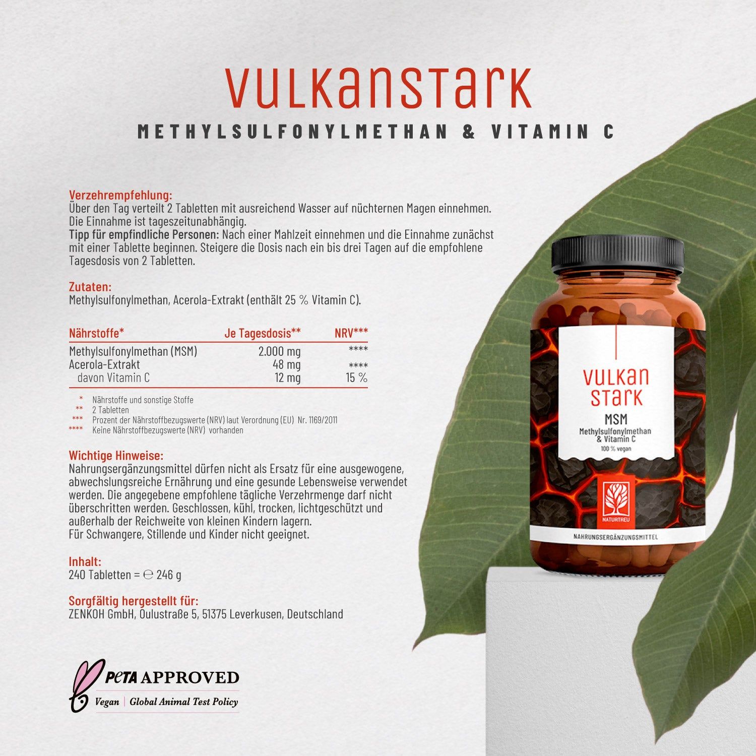 Braune Tablettenflasche mit Aufschrift vulkanSTARK, Methylsulfonylmethan & Vitamin C. Text: Verzehrempfehlung, Inhaltsstoffe, Nährwerte, wichtige Hinweise.