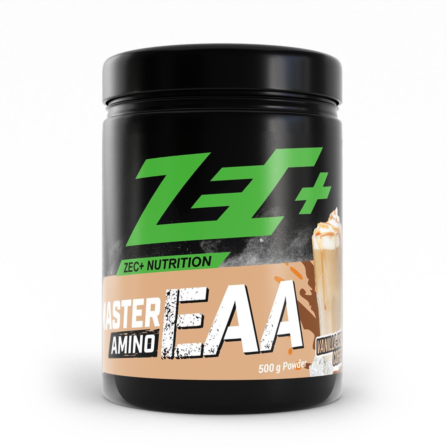 Schwarze Dose mit grünem ZEC+ Logo und Schriftzug MASTER AMINO EAA. 500g Pulver, Vanilla-Iced Coffee.