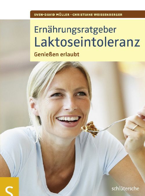 Buchcover: Ernährungsratgeber Laktoseintoleranz. Titel und Autoren. Frau isst. Verlagsschriftzug.
