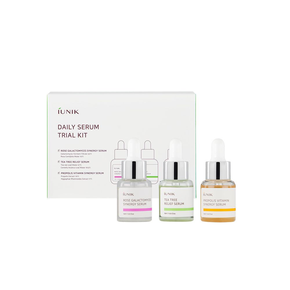 IUNIK Daily Serum Trial Kit mit drei kleinen Serumflaschen: Rose Galactomyces, Tea Tree und Propolis Vitamin.