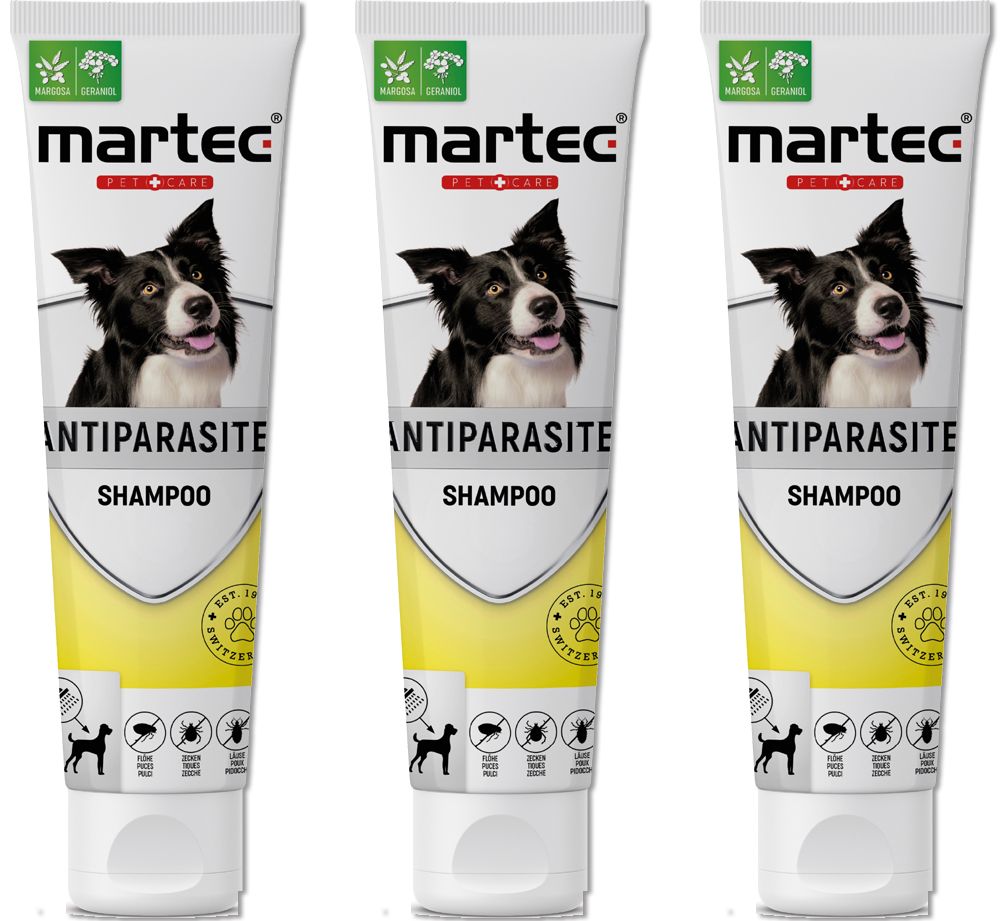 Drei Tuben Anti-Parasitenshampoo. Auf jeder Tube: Hundefoto, "ANTIPARASITE SHAMPOO" und Logo.