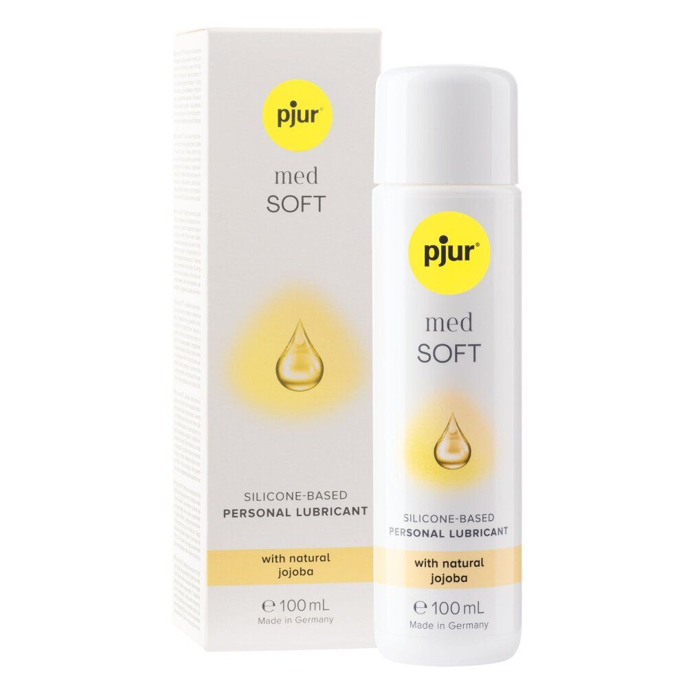 Flasche und Verpackung von pjur® med *Soft*. Aufschrift: Silicone-based Personal Lubricant with natural jojoba. Hergestellt in Deutschland.