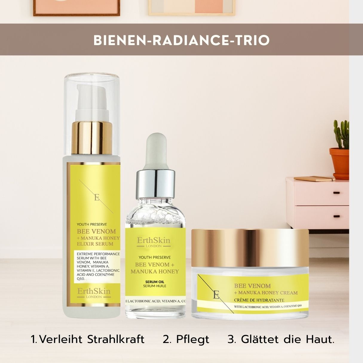 ErthSkin London Bienen-Radiance-Trio: Serum, Serumöl und Creme.