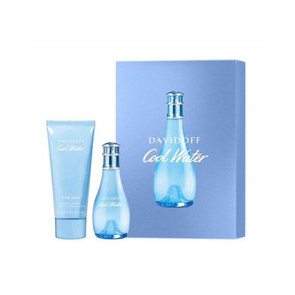 Geschenkset mit Flakon, Miniatur und Tube. Hellblaue Verpackung mit Schriftzug Davidoff Cool Water. Flakons und Tube aus blauem Kunststoff.