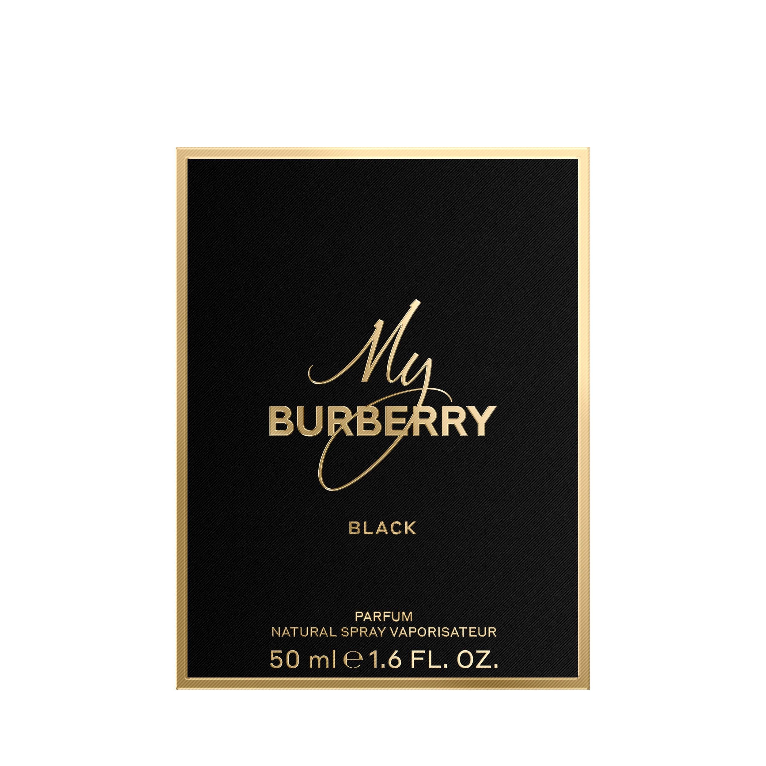 Schwarze Verpackung mit goldener Umrandung. Schriftzug 'My Burberry Black'. Text: 'Parfum Natural Spray Vaporisateur'.