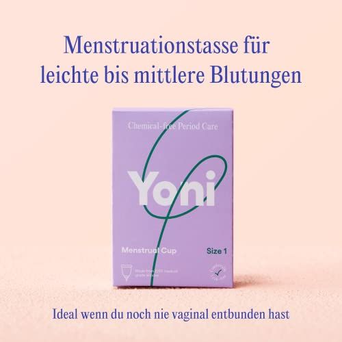Violette Verpackung mit Yoni-Logo, Menstruationstasse und Größe 1. Text: Menstruationstasse für leichte bis mittlere Blutungen.