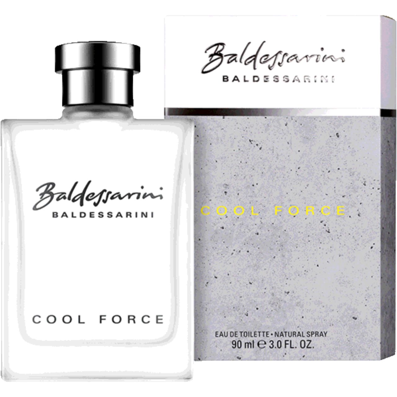 Flakon und Verpackung von Baldessarini Cool Force. Weißer Flakon, graue Verpackung. Produktname und Logo.