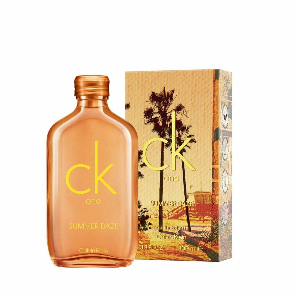 Flasche und Verpackung. Flasche orange mit gelbem "ck one SUMMER DAZE". Verpackung mit Palmen.