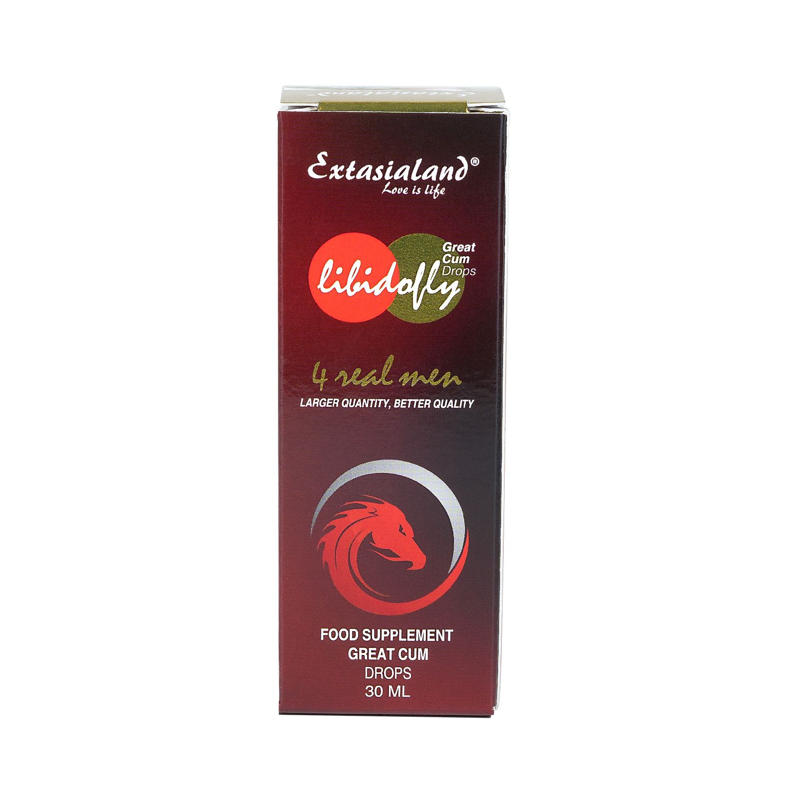 Schachtel Libidofly® GreatCum Drops. Logo mit Drachen. Aufschrift 4 real men. 30 ml.