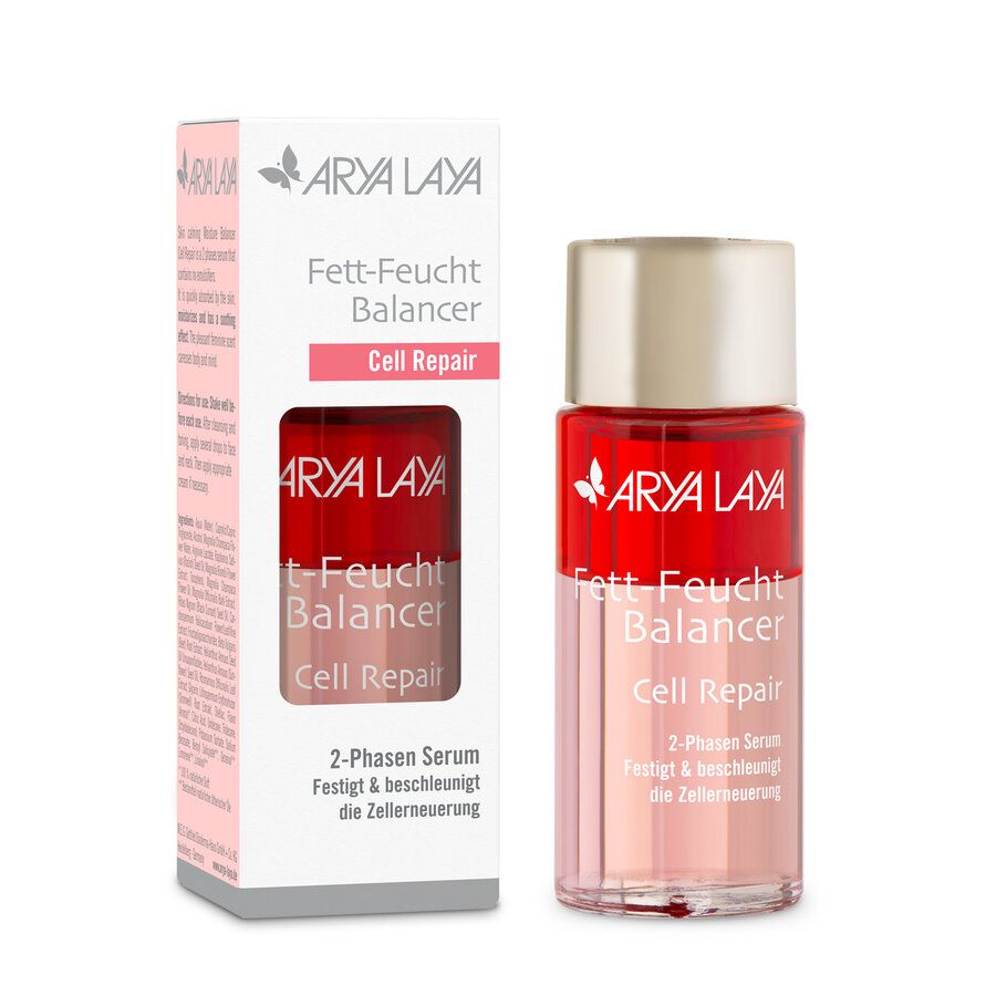 Arya Laya Fett-Feucht Balancer Cell Repair 2-Phasen Serum in roter und transparenter Glasflasche mit silbernem Verschluss.
