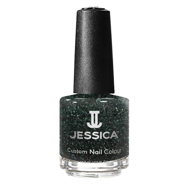 Dunkelgrüner Nagellack in einer Glasflasche mit schwarzem Deckel. Aufschrift: JESSICA Custom Nail Colour.