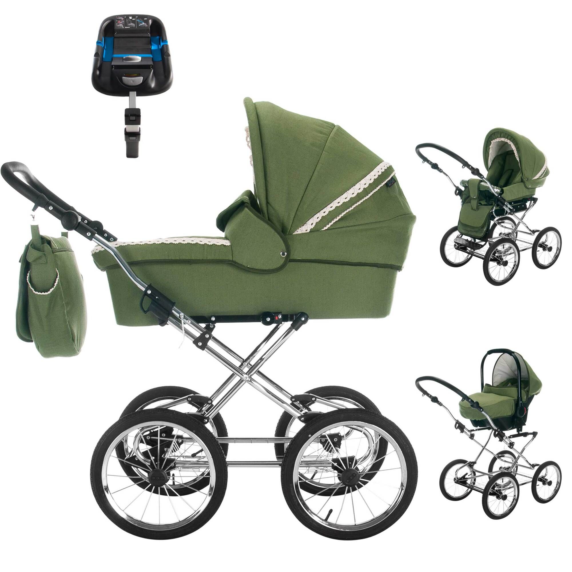 Kinderwagen mit grünem Stoff, silbernem Gestell, vier Rädern und Zubehör. ISOFIX-Kindersitz abgebildet.