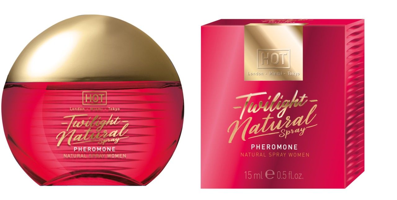 Roter Flakon neben einer roten Schachtel. Beide mit goldener Schrift "Twilight Natural Spray Pheromone".
