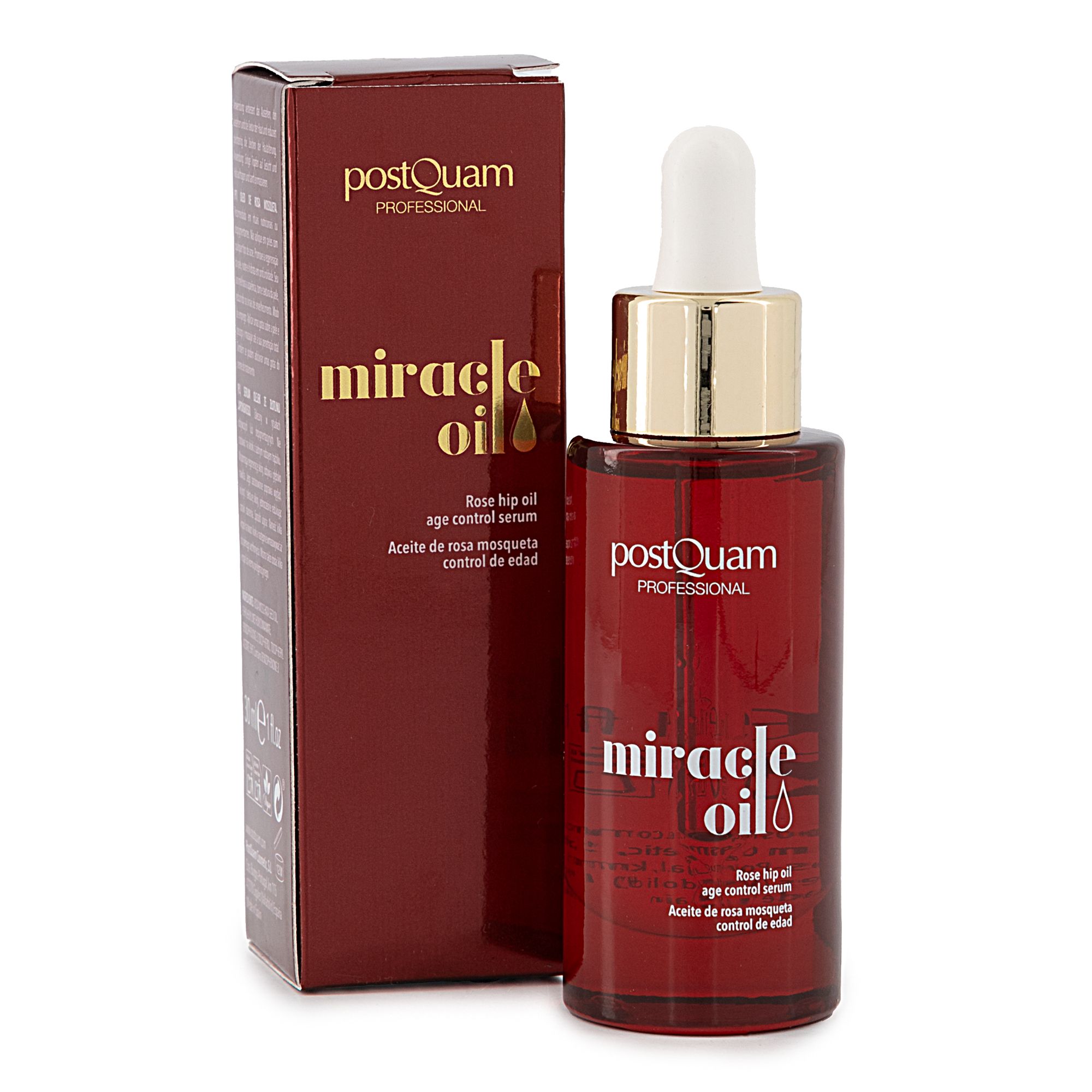 Postquam Miracle Oil Flasche und Verpackung. Rote Flasche mit goldfarbenem Deckel und Pipette. Text: Miracle Oil, Rose hip oil, age control serum.