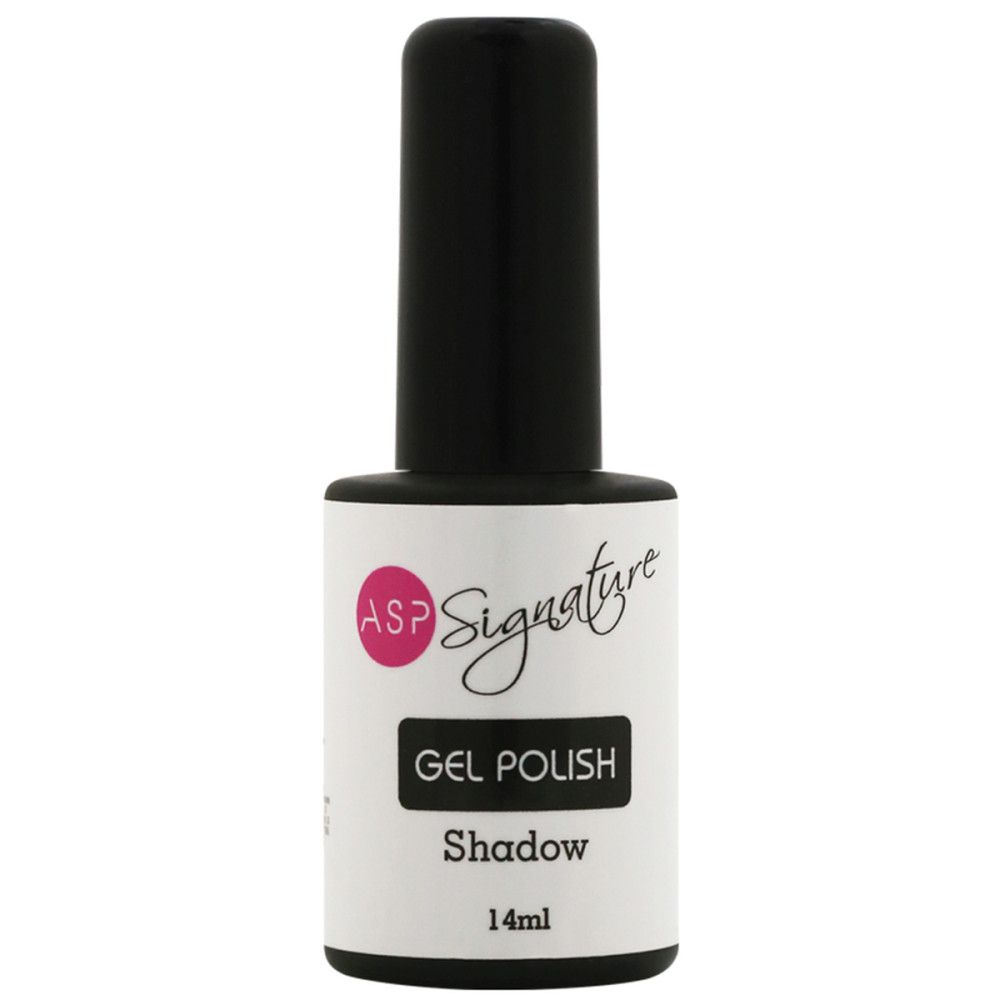 Nagellackflasche mit schwarzem Deckel. Etikett mit ASP Signature, Gel Polish, Shadow, 14ml.