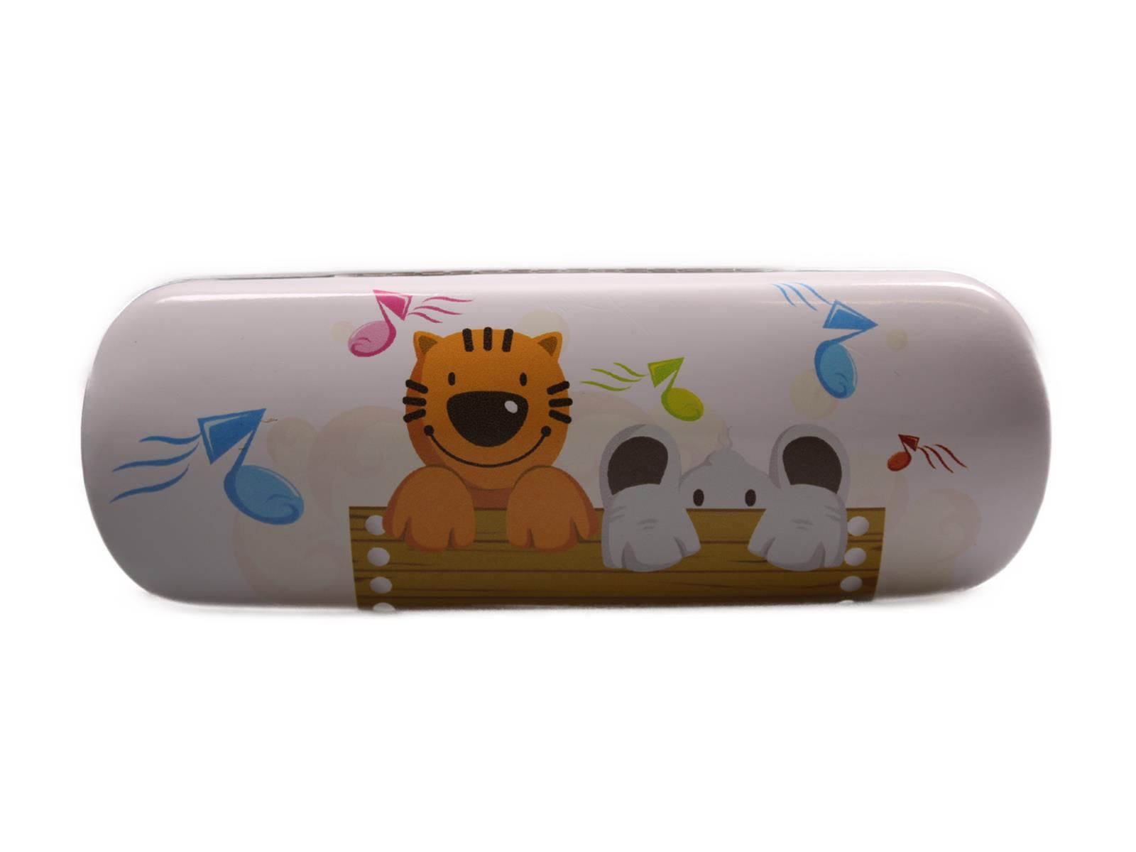 Hartschalen Etui Schwarz/Weiß mit Tiger & Elefant. Vorderansicht. Tiger- und Elefanten-Illustration, Noten.