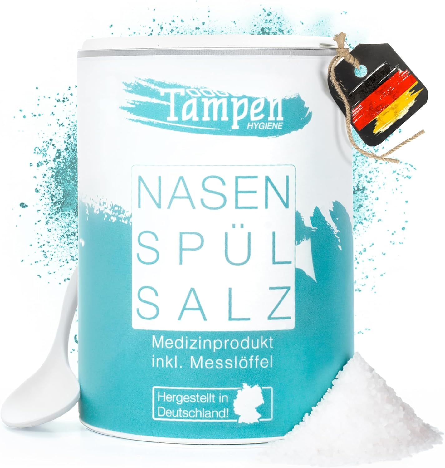 Dose Nasenspülsalz mit Messlöffel und Salz. Dose mit Produktnamen und Text. Anhänger mit deutscher Flagge.