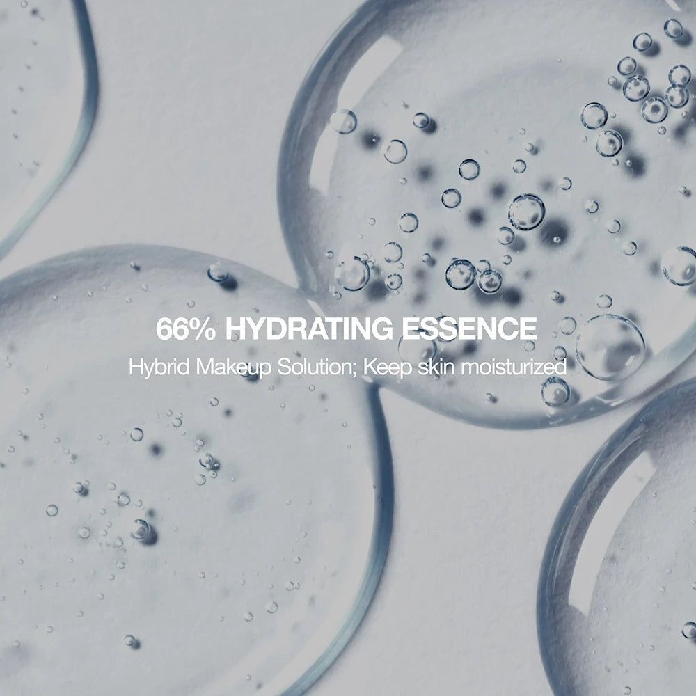 Klare, gelartige Substanz mit Bläschen. Text: 66% HYDRATING ESSENCE. Hybrid Make-up Lösung; hält die Haut feucht.
