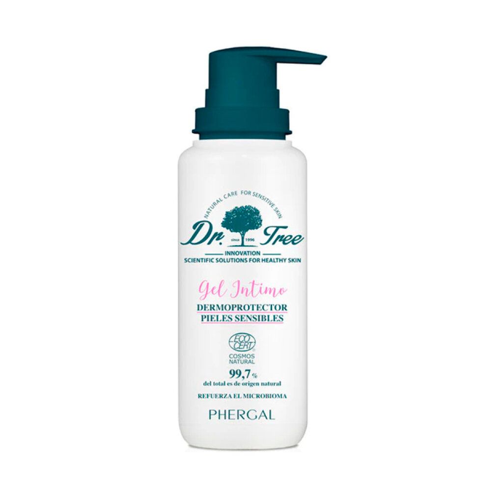Weißer Spender mit dunkelgrünem Pumpkopf. Aufschrift: Dr. Tree, Gel Intime, für empfindliche Haut. COSMOS NATURAL-Zertifizierung.