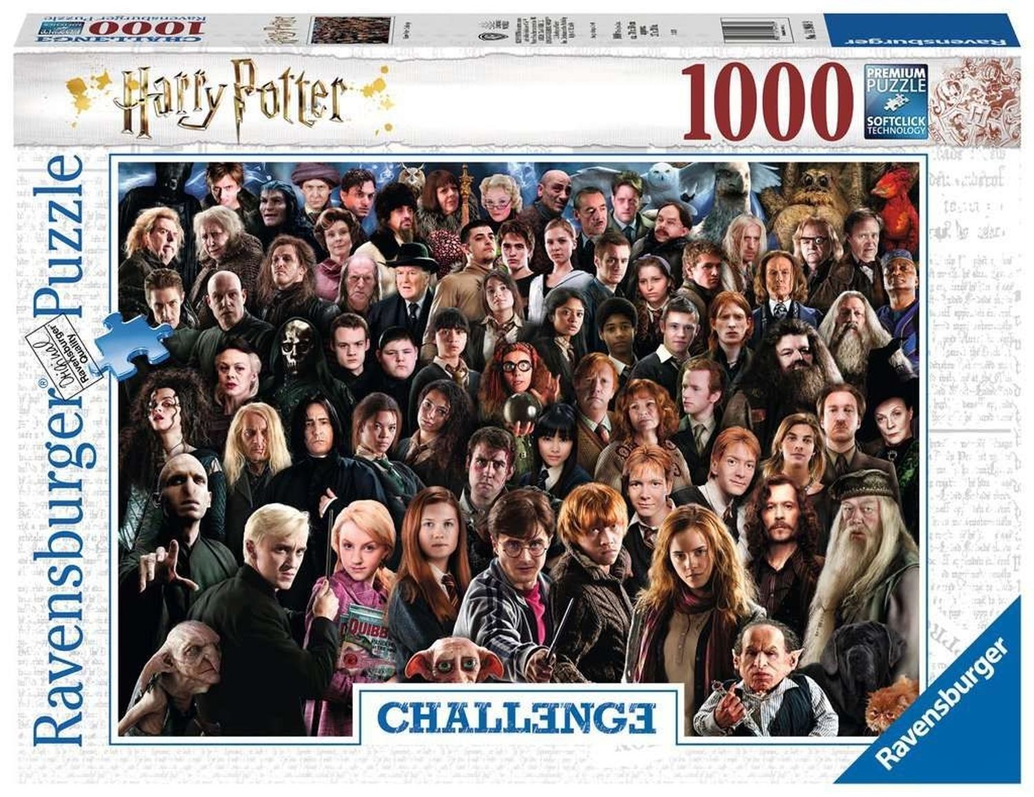 Puzzleset mit Harry Potter-Motiv. 1000 Teile. Ravensburger-Logo und Schriftzug. Abbildung vieler Charaktere aus dem Film.