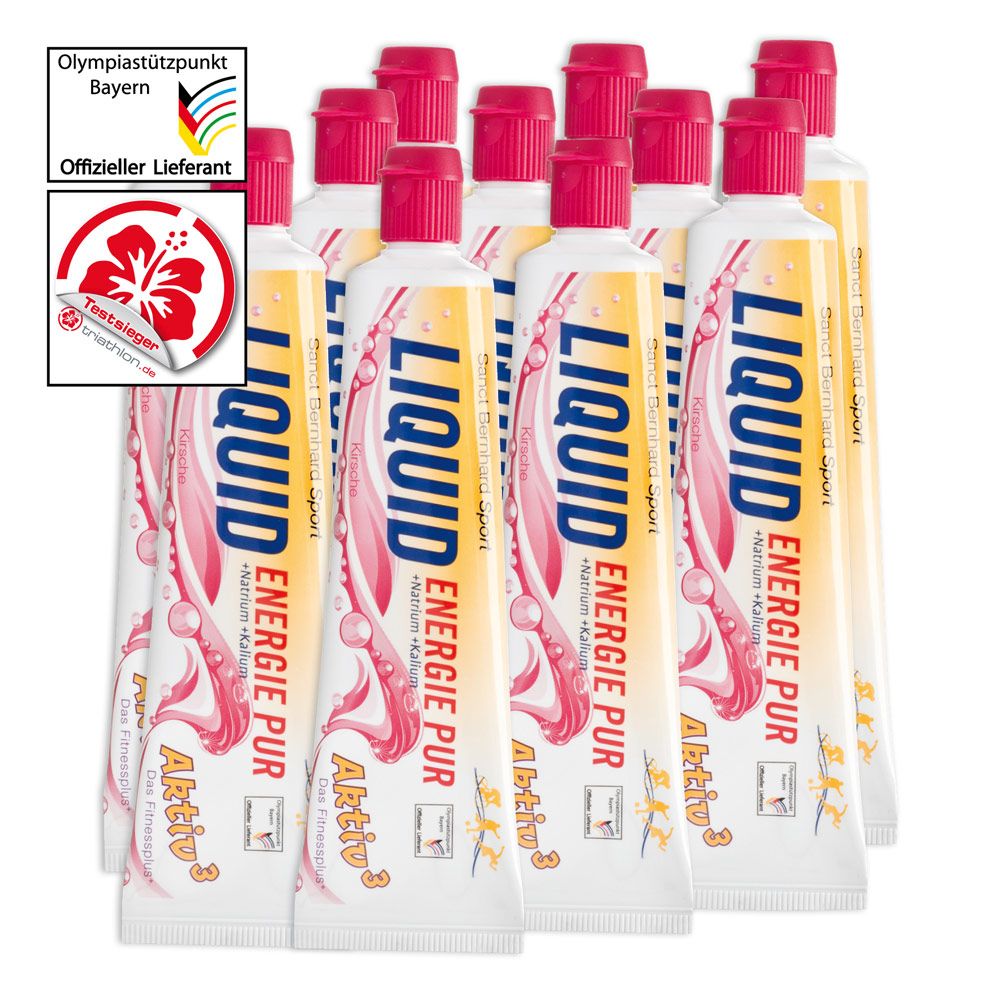 Mehrere Tuben LIQUID Energie-Pur Kirsche, rosa und gelb. Text: Aktiv3, Energie Pur. Logos: Olympiastützpunkt Bayern, Testsieger.